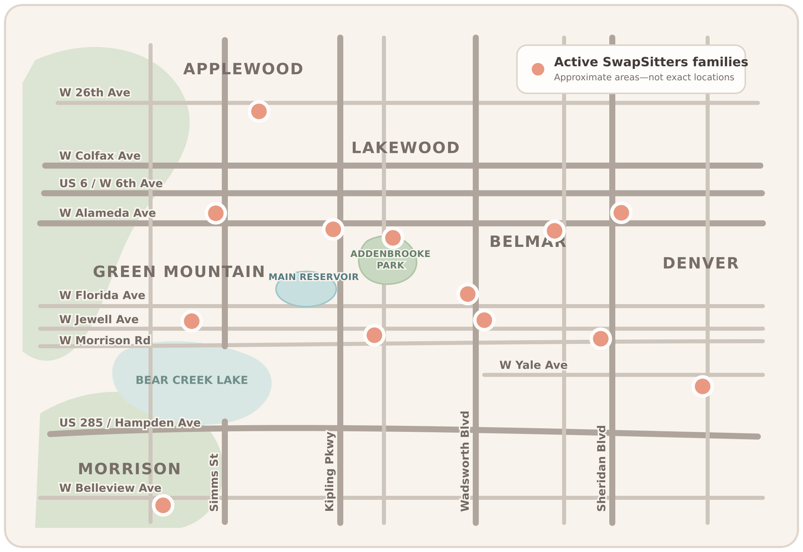 Map of SwapSitters member families across Lakewood, Applewood, Belmar, Morrison and Denver
